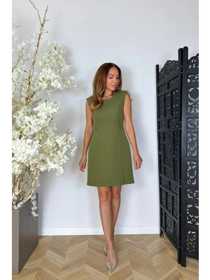 Ges Moda G1906 Yaka ve Bel Detaylı Basic Elbise Haki