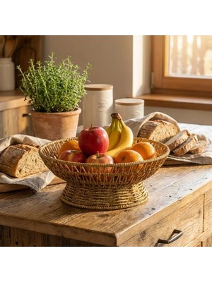 KSB Store 25 cm Plastik Rattan Servis Çanağı – Doğal Hasır Görünümlü Dekoratif Meyve, Ekmek ve Sunum Kasesi