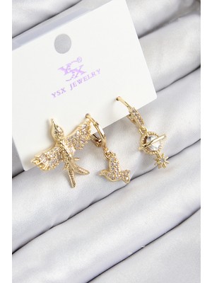 KSB Store Pirinç Zirkon Taşlı 3'lü Kuş Model Gold Renk Kadın Küpe