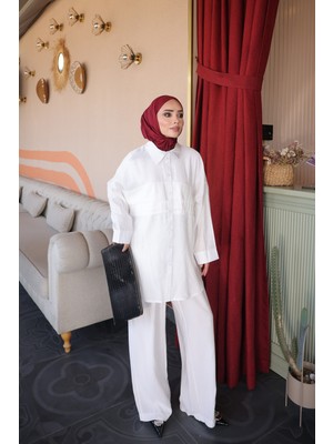 İmaj Butik Beyaz Gömlek Yaka Tunik Pantolonlu Takım