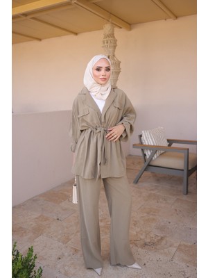 İmaj Butik Haki Bel Bağlamalı Ceket Pantolonlu Takım