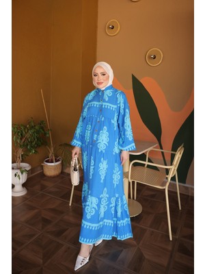 İmaj Butik Mavi Yarım Düğmeli Kol Lastikli Eteği Katlı Viskon Elbise