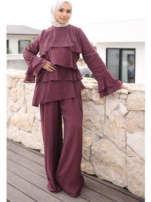 İmaj Butik Mürdüm Önü Katlı  Tunik Pantolonlu Takım