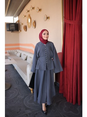 İmaj Butik Antrasit Bel Bağlamalı Gömlek Etekli Takım