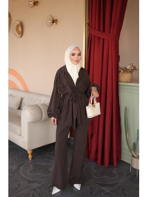 İmaj Butik Kahverengi Bel Bağlamalı Ceket Pantolonlu Takım
