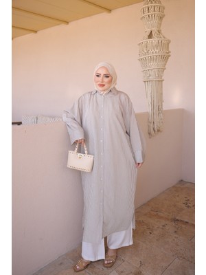 İmaj Butik Bej Çizgili Uzun Salaş Tunik