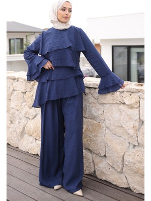 İmaj Butik Lacivert Önü Katlı  Tunik Pantolonlu Takım