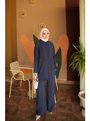 İmaj Butik Lacivert Gömlek Yaka Tunik Pantolonlu Takım
