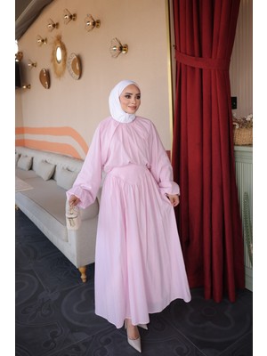 İmaj Butik Pembe Kol Lastikli Bluz Etekli Takım