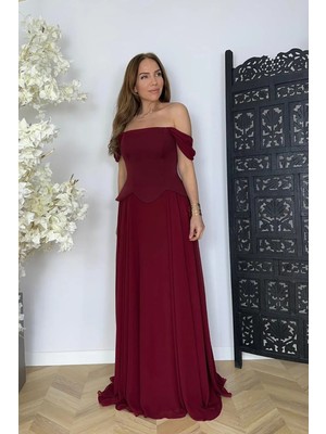 Ges Moda G1746 Tasarım Maksi Şifon Abiye Elbise Bordo