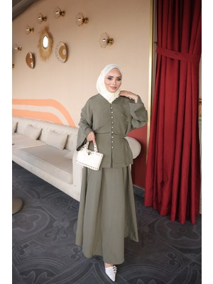 İmaj Butik Haki Bel Bağlamalı Gömlek Etekli Takım