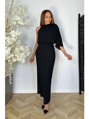 Ges Moda G1878 Tek Omuz Yarım Balıkçı Tasarım Elbise Siyah