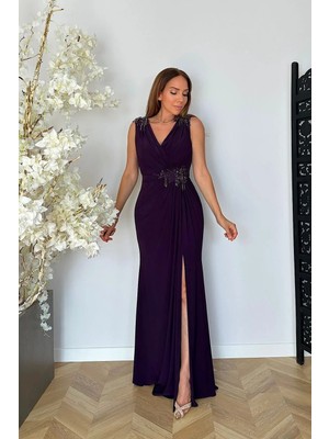 Ges Moda G1542 Dantel Detay Boncuk Işlemeli Abiye Elbise Mor