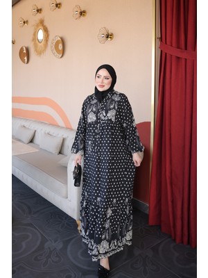 İmaj Butik Siyah Yarım Düğmeli Kol Lastikli Eteği Katlı Viskon Elbise