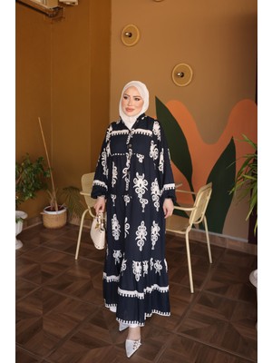 İmaj Butik Lacivert Yarım Düğmeli Kol Lastikli Eteği Katlı Viskon Elbise