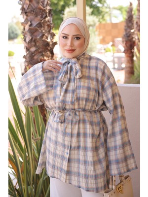 İmaj Butik Mavi Şal Kemerli Ekose Gömlek