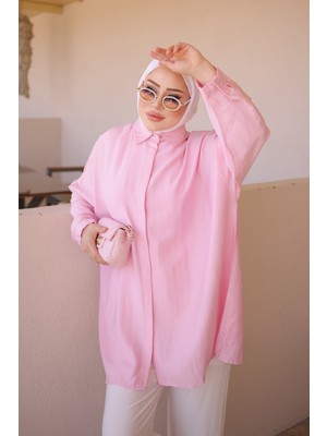 İmaj Butik Pembe Gizli Düğmeli Oversize Gömlek
