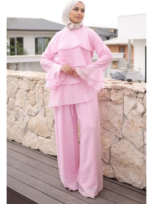 İmaj Butik Pembe Önü Katlı  Tunik Pantolonlu Takım