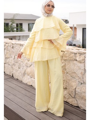 İmaj Butik Sarı Önü Katlı  Tunik Pantolonlu Takım