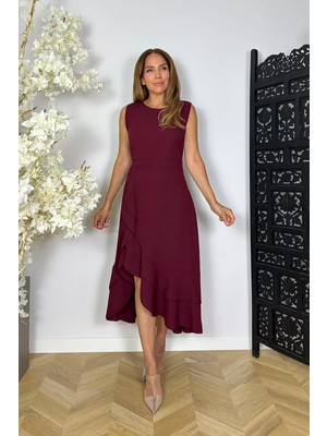 Ges Moda G1905 Volan Detaylı Kolsuz Elbise Bordo
