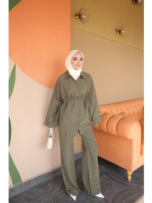 İmaj Butik Haki Çizgili Tunik Pantolonlu Takım