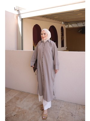 İmaj Butik Kahverengi Çizgili Uzun Salaş Tunik