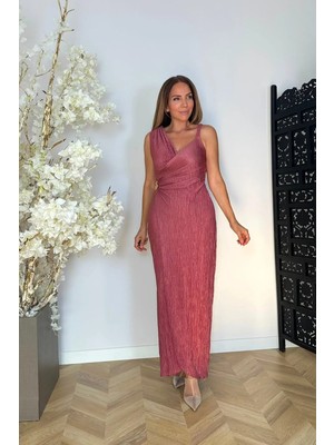 Ges Moda G1782 Drape ve Broş Detaylı Tasarım Elbise Pembe