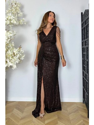 Ges Moda G1516 Kol Detaylı Payet Maksi Abiye Elbise Kahverengi