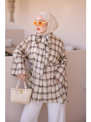İmaj Butik Kahverengi Şal Kemerli Ekose Gömlek