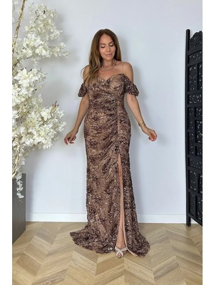 Ges Moda G1853 Madonna Yaka Payet Maksi Abiye Elbise Bronz