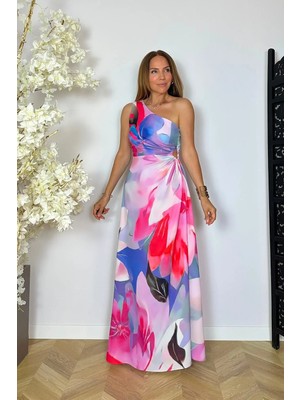 Ges Moda G1875 Tek Omuz Bel Detaylı Desenli Maksi Elbise Pembe