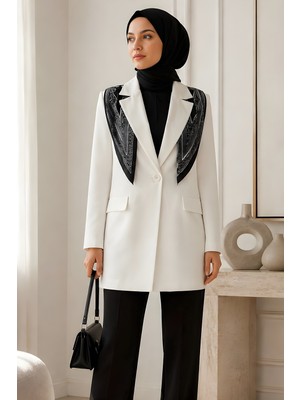İmaj Butik Ekru Şal Detaylı Astarlı Ceket