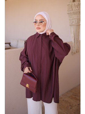 İmaj Butik Mürdüm Gizli Düğmeli Oversize Gömlek