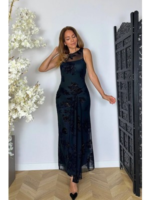 Ges Moda G1910 Flok Baskı Bağlama Detaylı Tül Elbise Siyah