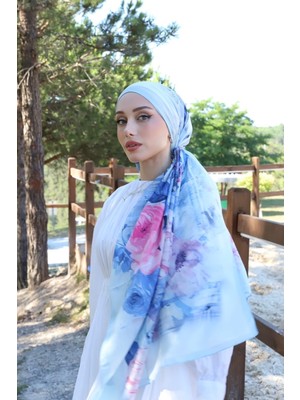 İmaj Butik Mavi Aqua Çiçek Desenli Soft Şal