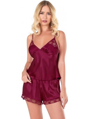 Hace Bazaar Bordo Saten Babydoll Şort Takımı