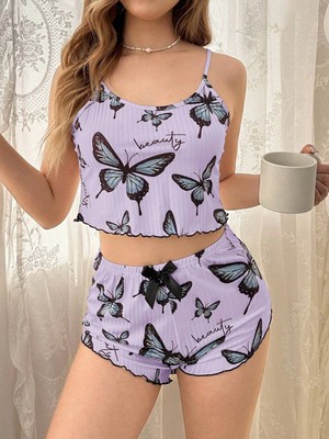 Hace Bazaar Mor Renk Kelebek Desenli Şortlu Ev Giyim Takımı,kadın Yazlık Askılı Pijama, Rahat ve Şık Ev Giyim