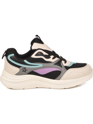Look Life Bej-Siyah Fileli Hava Alabilen Bağcıklı Rahat Tabanlı Unisex Yürüyüş ve Spor Ayakkabı Sneaker 26106 G