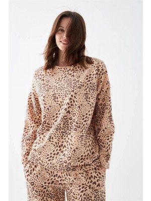 Hace Bazaar Marsilyan- Kadın Oversize Bej Leopar Desenli Pamuklu Kalın Pijama Takımı