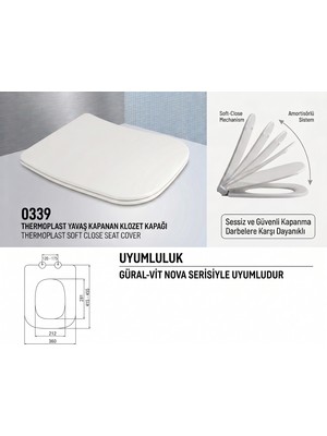 Nkp Güral-Vit Nova Serisi Uyumlu Klozet Kapağı Güral-Vit Klozet Kapağı Muadili Amortisörlü Yavaş Kapanan
