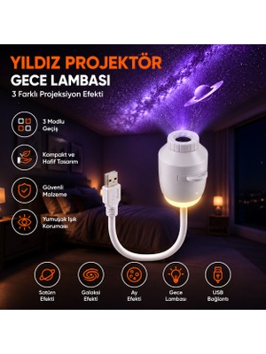 Ayers USB Yıldız Projektör Gece Lambası 3 Efektli Satürn Galaksi Ay Projeksiyon