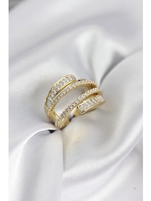 Ozkr Store Sarmal Zirkon Baget Taşlı Gold Renk Kadın Yüzük