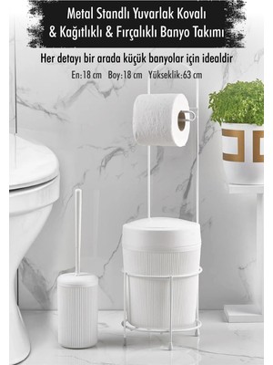 Ozkr Store Metal Standlı Yuvarlak Kovalı & Kağıtlıklı & Fırçalıklı Beyaz Banyo Takımı