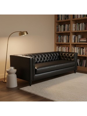 Hanel Mobilya Belmont Modern Chester Kanepe - Siyah Suni Deri 3 Kişilik