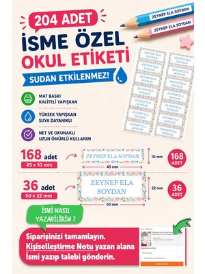 Msticker 204 Adet Kişiye Özel Okul Etiketi Isimli Kalem Defter Suluk Etiket Dayanıklı Etiket Çiçekli