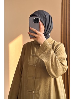 Ande Tesettür Düğme Detaylı Pantolonlu Takım - Yağ Yeşili