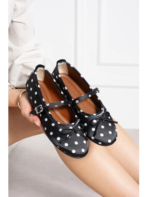 Dabab Shoes Penelop Kadın Siyah Saten Puantiyeli Fiyonk Detaylı Ayarlanabilir Tokalı Ortopedik Taban Mary Jane Babet Ayakkabı