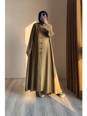 Ande Tesettür Düğme Detaylı Pantolonlu Takım - Yağ Yeşili