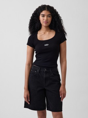 Gap Kadın Siyah Fitilli Gap Logo Scoopneck Üst