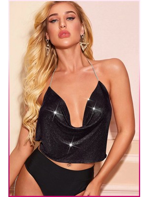 Hace Bazaar Kristal Siyah Taşlı Parlak Crop & Bluz Kolsuz Kayık Yaka Parti Plaj Büstiyer
